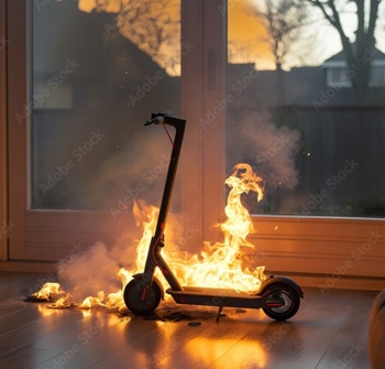 An e-scooter on fire. 